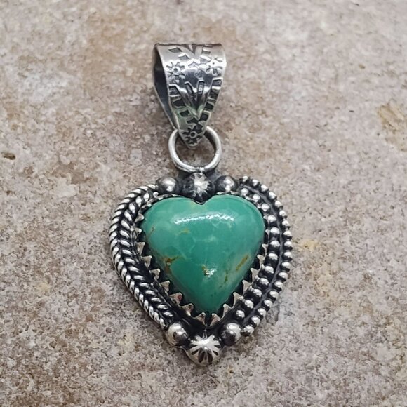 Handmade Jewelry - Southwest Sterling Silver Aqua Green Kingman Turquoise Heart Shaped Pendant